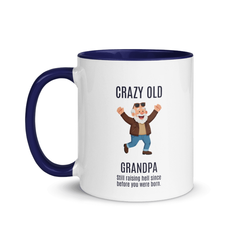 Mug with cartoon character and text 'Crazy Old Grandpa' on a white background