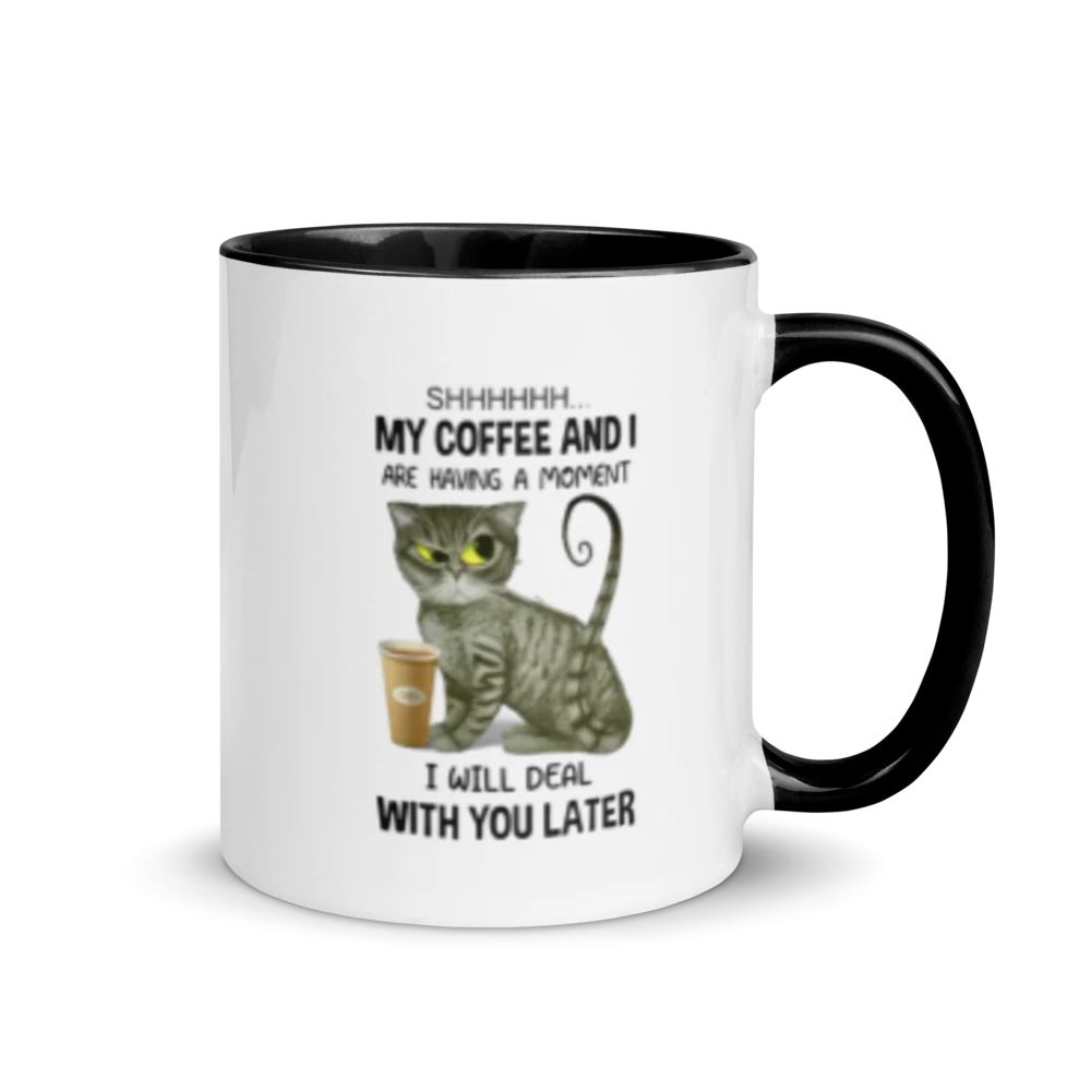 Mug with a cat illustration and humorous text on a white background