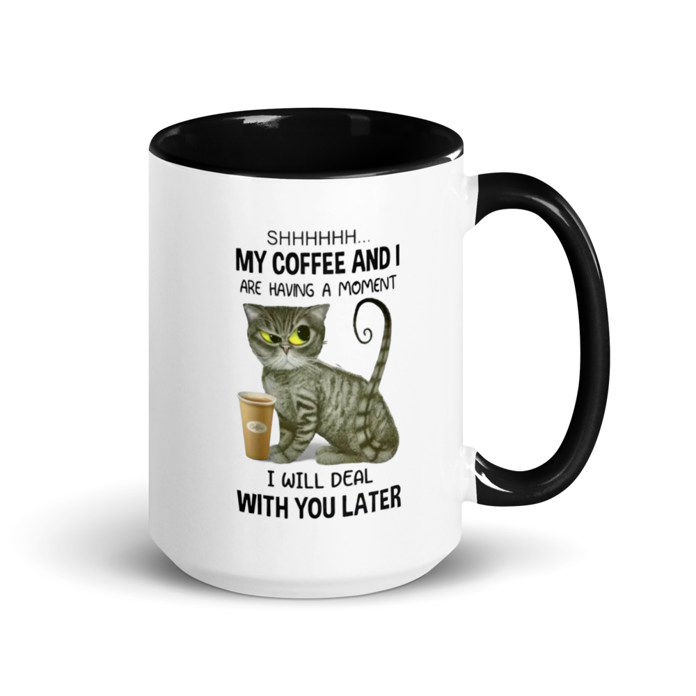 Mug with a cat illustration and humorous text on a white background