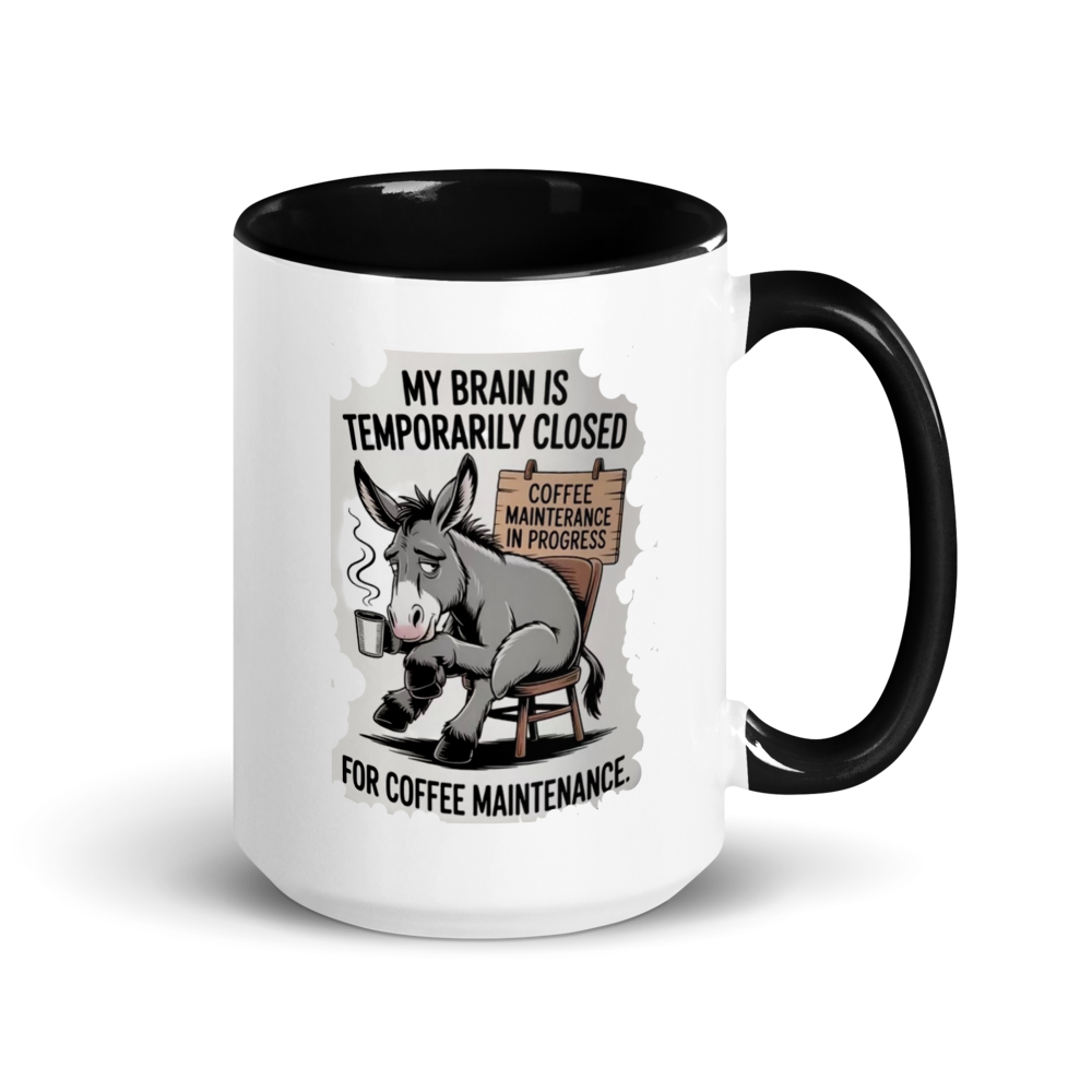 Mug with a cartoon donkey and humorous text on a white background