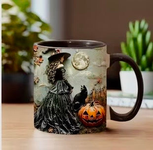 🎃 Moonlit Witch & Pumpkin – Enchanting Halloween Coffee Mug