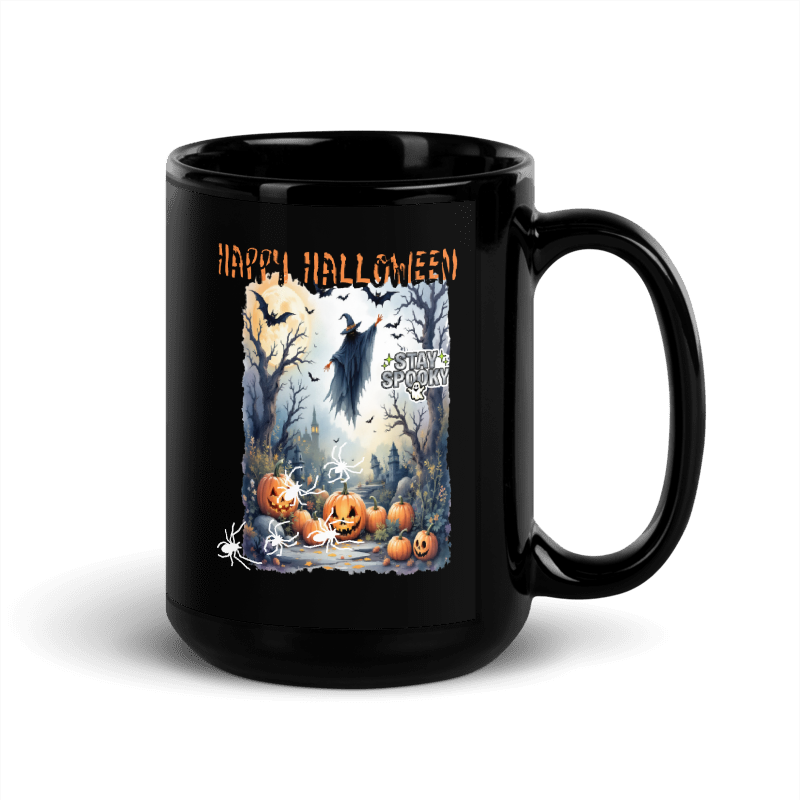 A black ceramic mug with a glossy finish, featuring a colorful Halloween-themed graphic print on the side with the text 'HAPPY HALLOWEEN' and 'Spooky Spooktacular'.