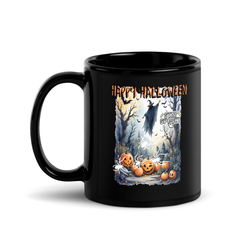A black ceramic mug with a glossy finish, featuring a Halloween-themed graphic print on the side with pumpkins, a witch, bats, and the text 'Happy Halloween' and 'Spooky Spooktacular'.