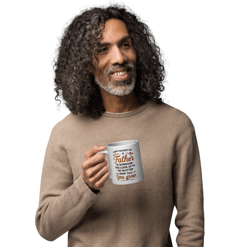 Man holding a mug with text on a white background