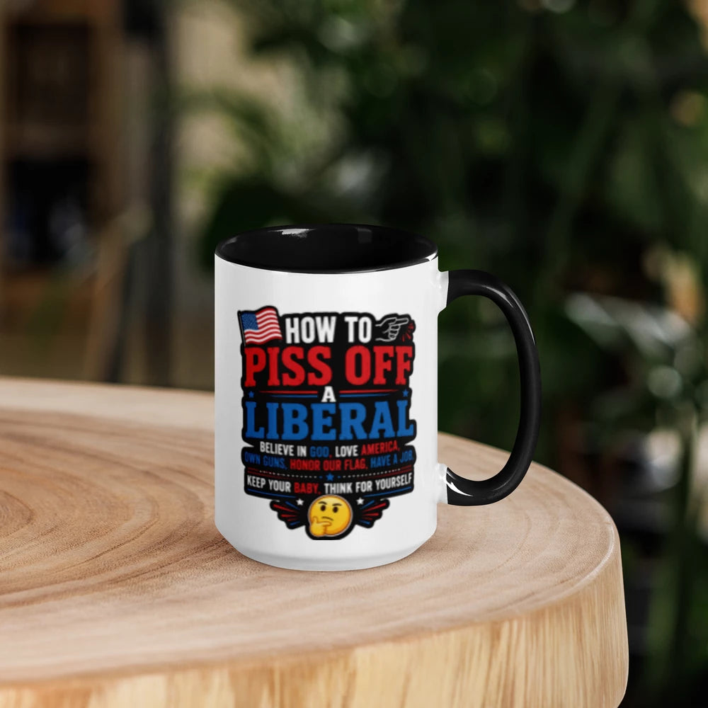 Mug with text and graphics on a wooden surface