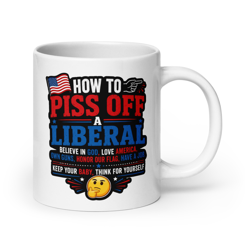White mug with political-themed text and graphics on a white background