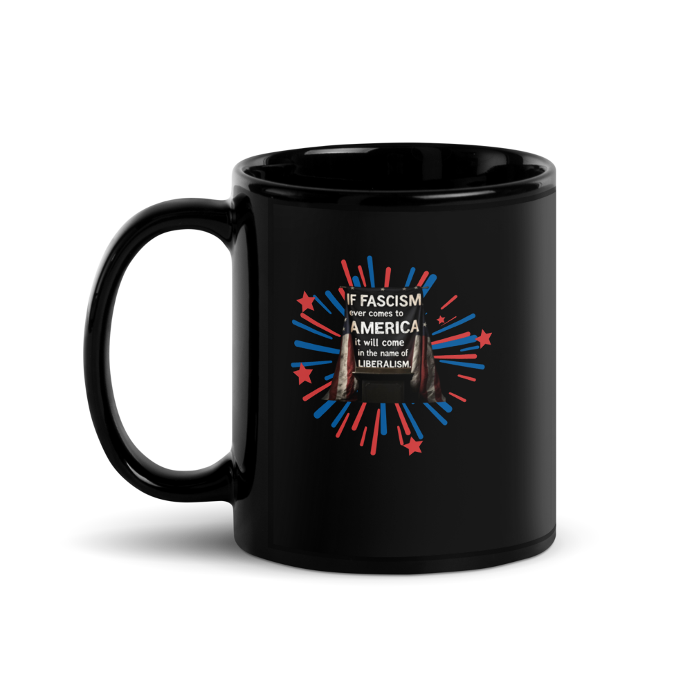 Black mug with a graphic design and text 