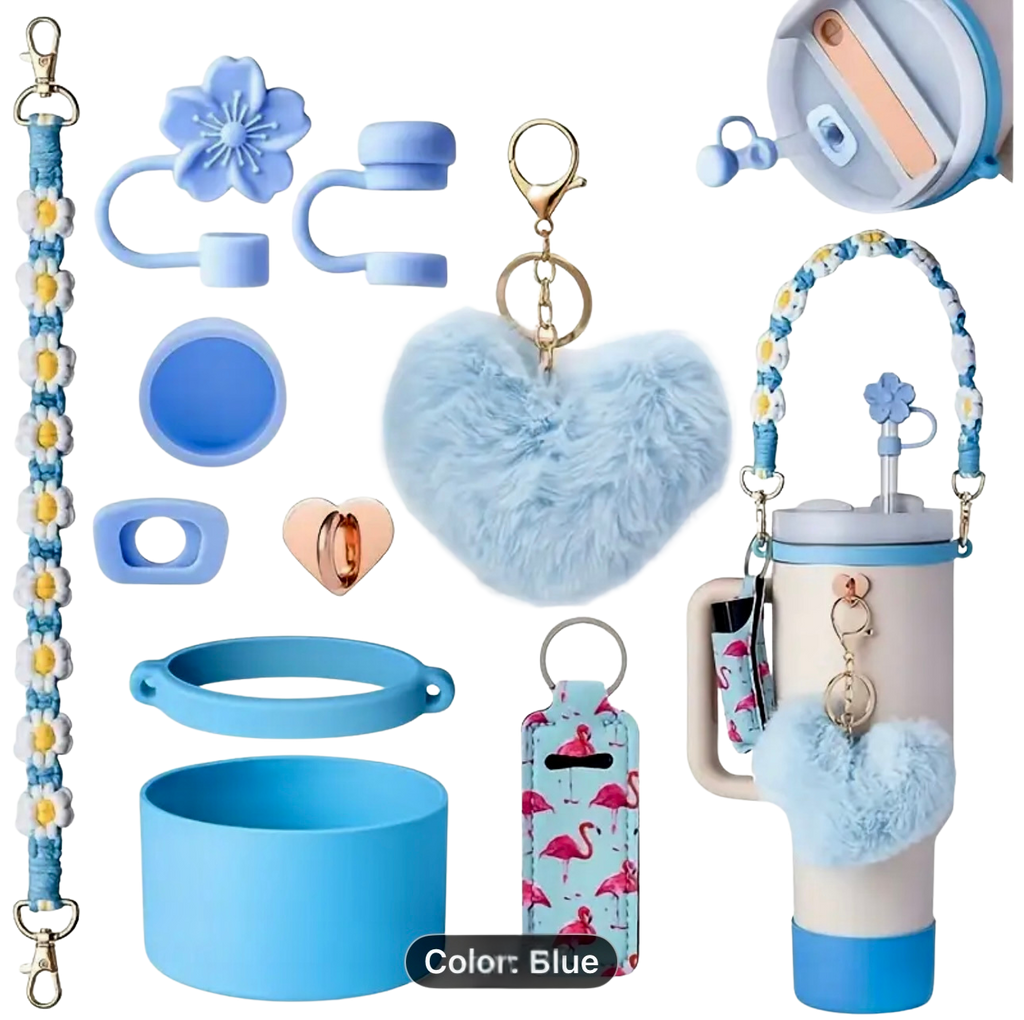 Collection of aqua accessories including a keychain, and pouches on a white background.