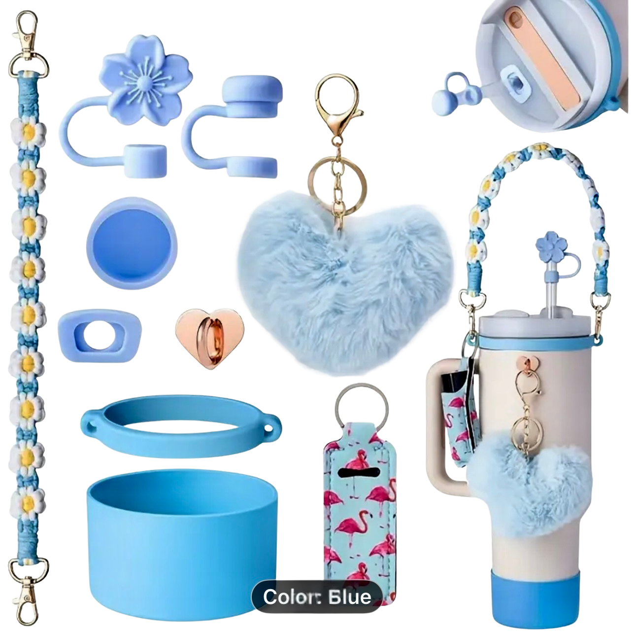 Collection of aqua accessories including a keychain, and pouches on a white background.