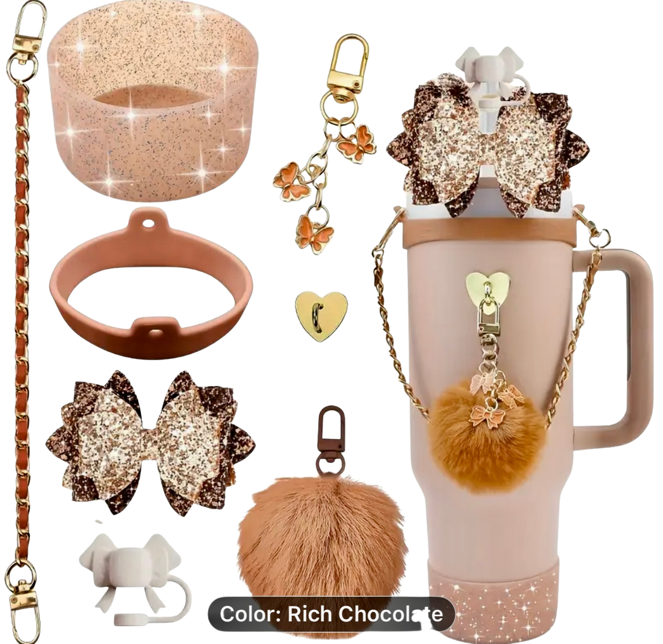 Collection of decorative items CHOCOLATE including a glittery bow, pom-pom keychain with accessories on a white background.
