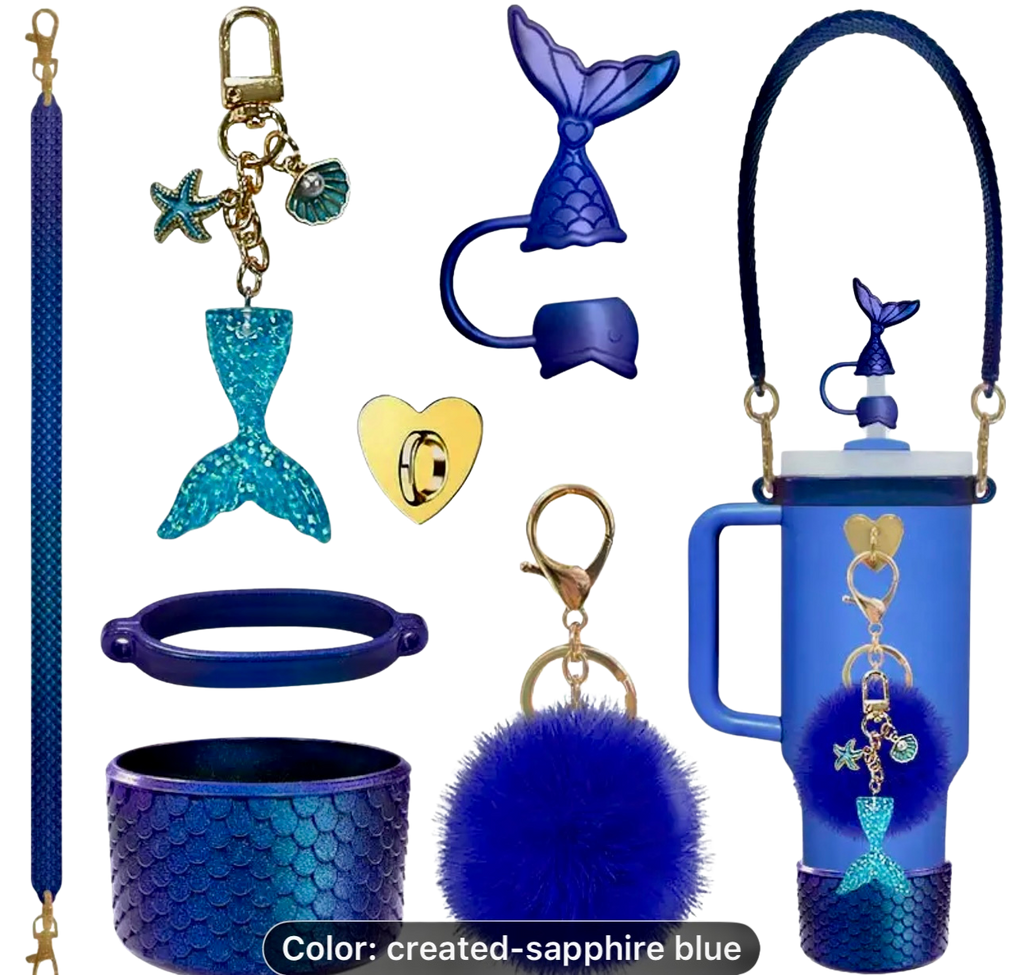 Collection of DARK blue-themed accessories including a keychain and more on a white background.