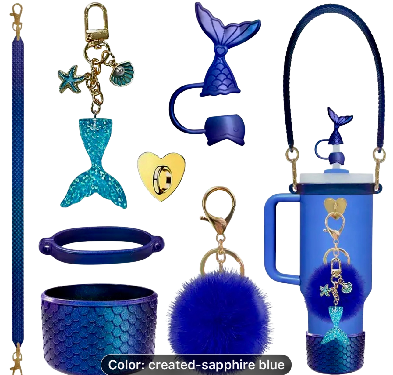 Collection of DARK blue-themed accessories including a keychain and more on a white background.