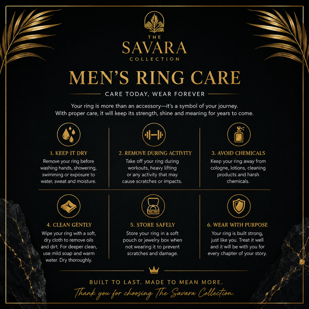 Men's ring care guide from The Savara Collection with gold text and decorative elements on a black background.