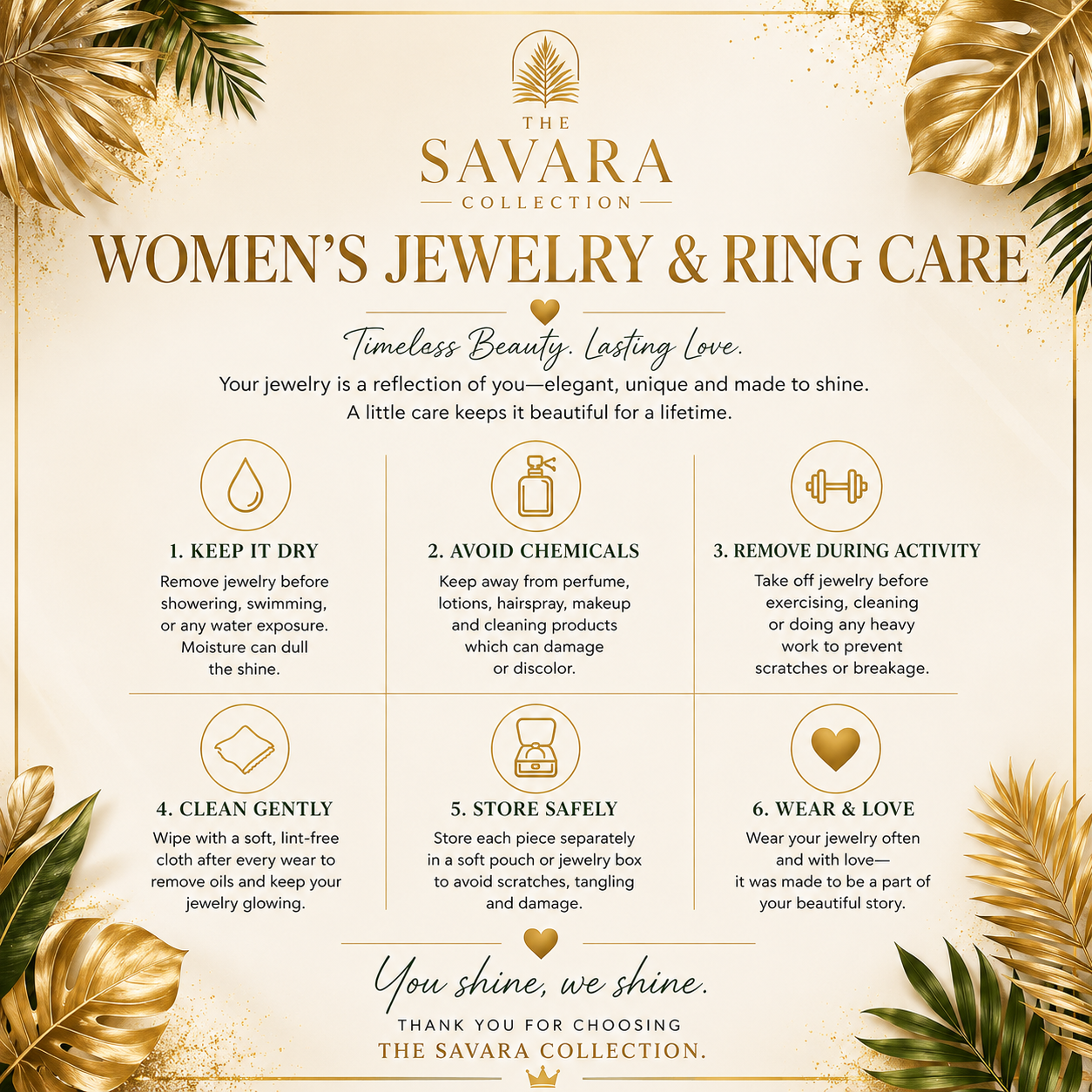 Savara Collection women's jewelry and ring care guide with decorative elements.