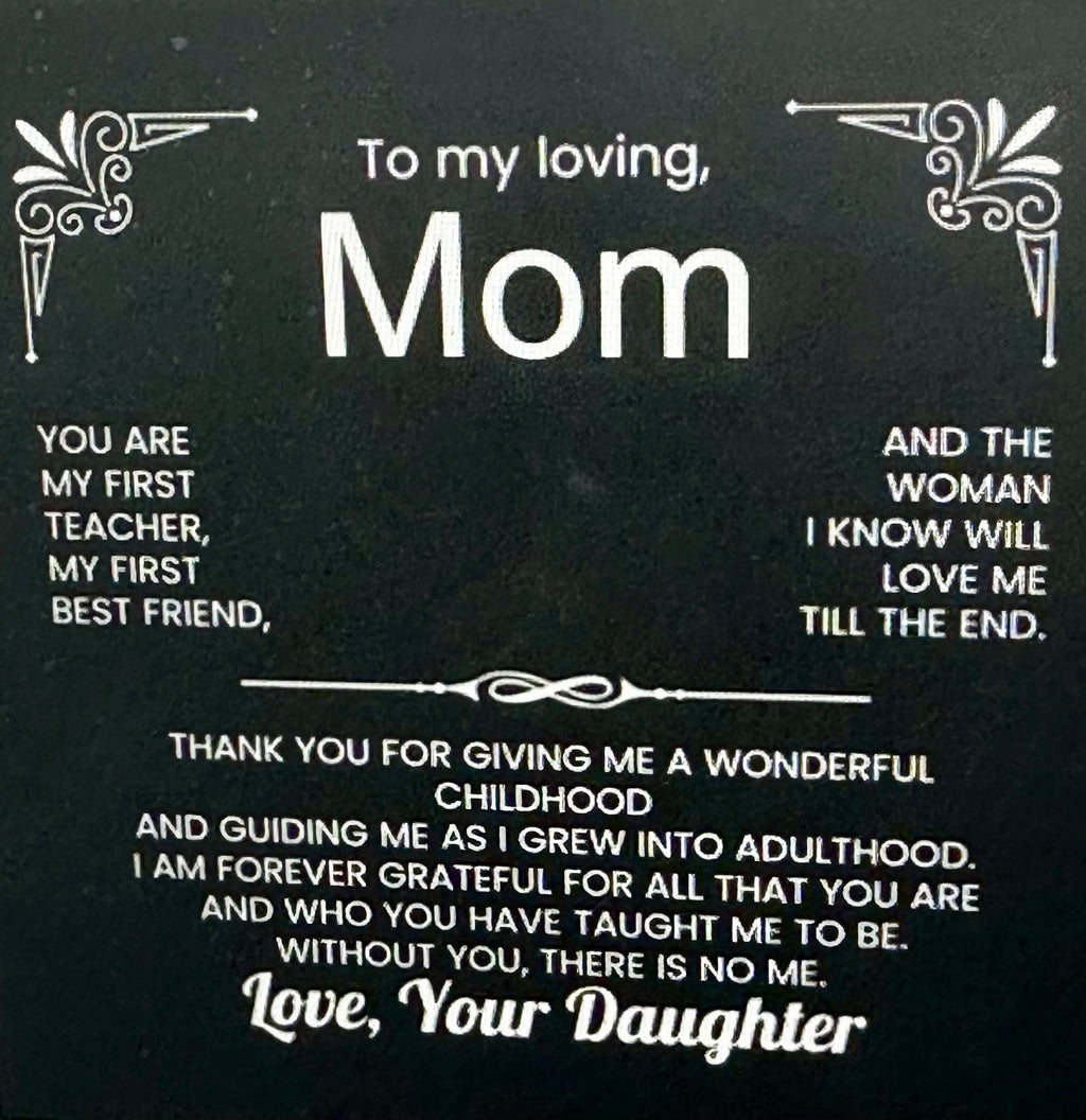 Card with a message to a mom from her daughter on a black background