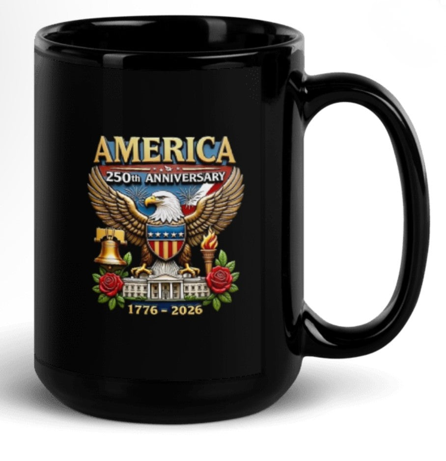 LT. Handed 15 ounces.Black mug with American-themed design featuring an eagle, flag