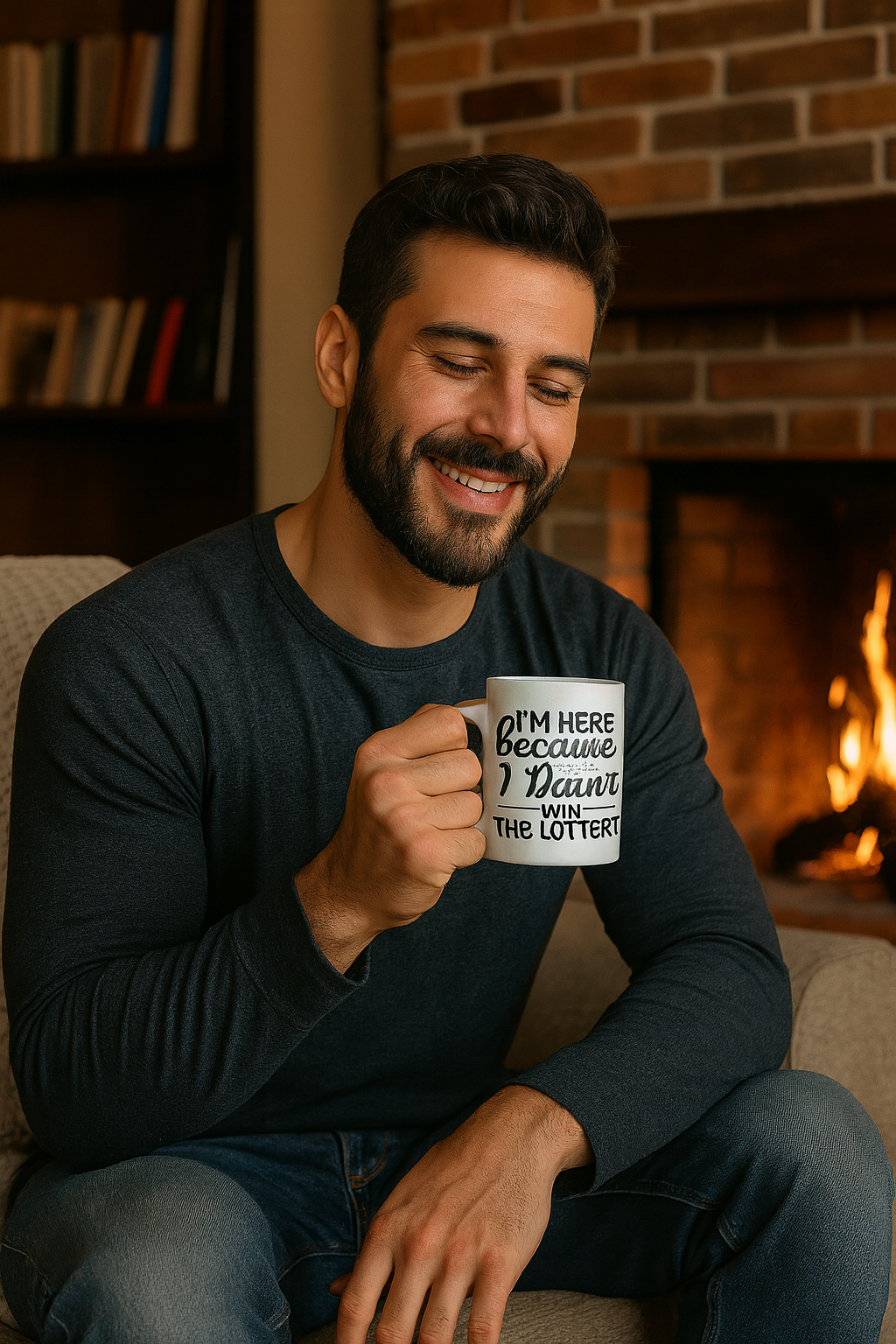Man holding a mug with text (I'm here because I didn't win the lottery), sitting in front of a fireplace.