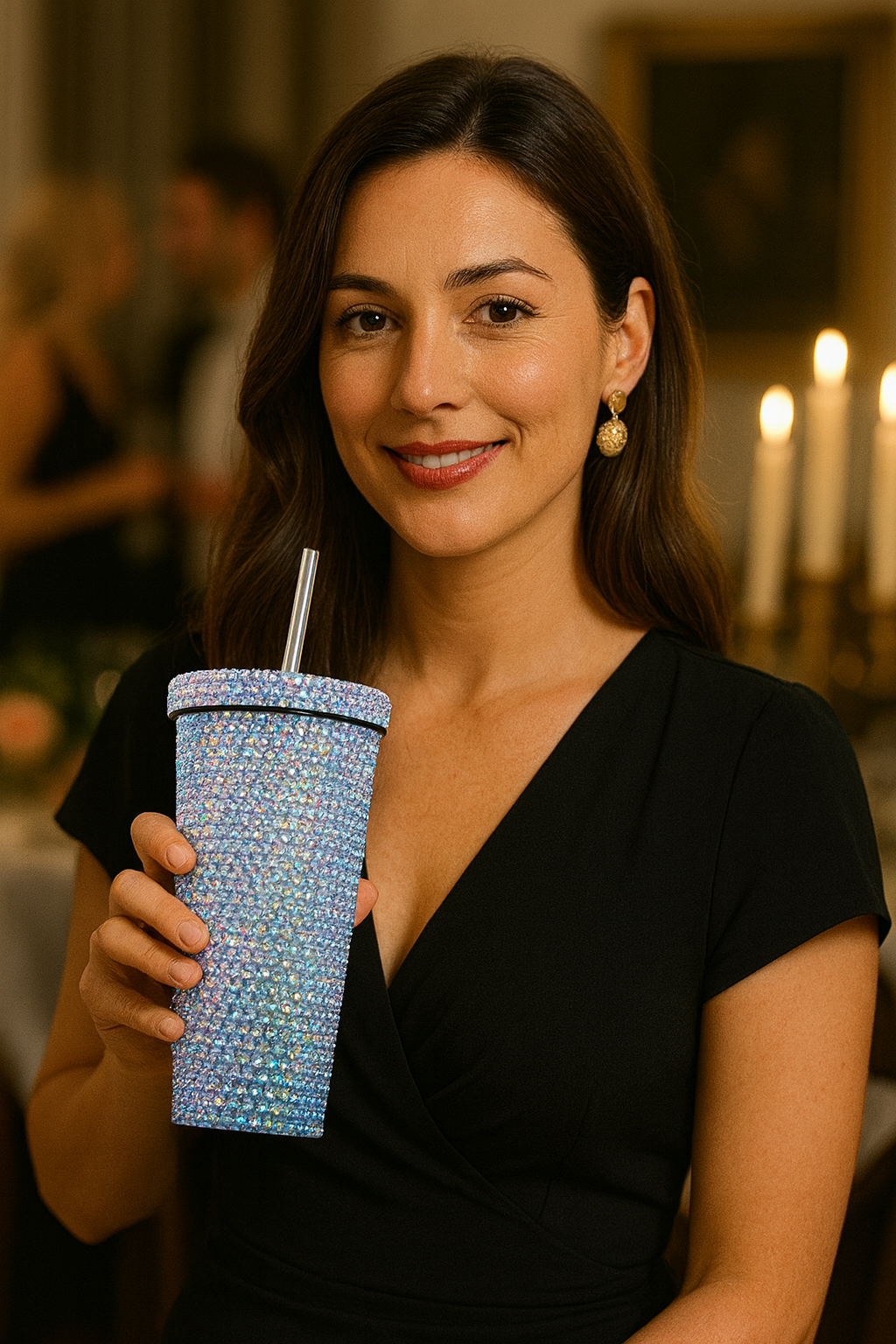 Elegant Woman holding a AB rhinestone cup with a straw in a blurred dinner party