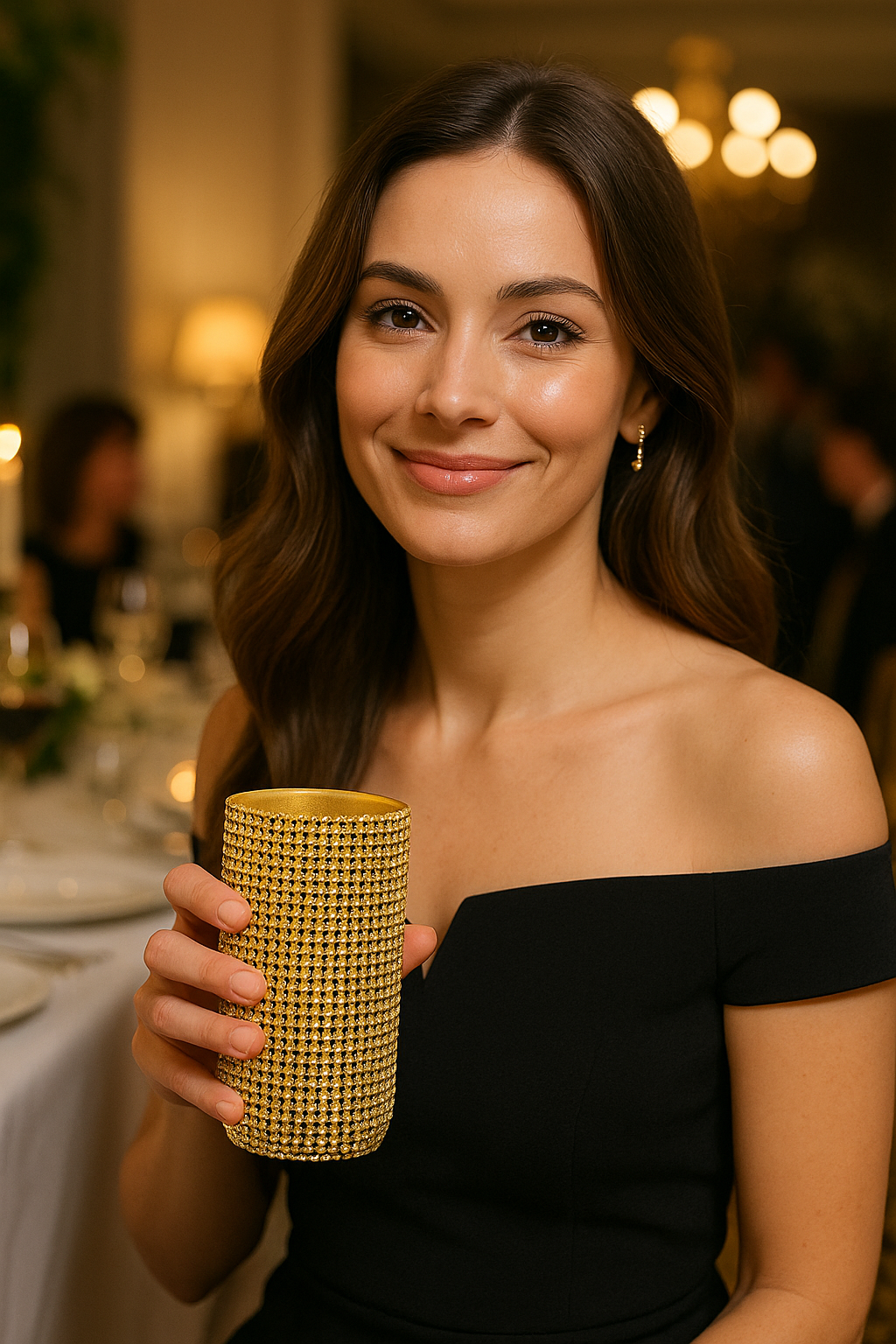 Woman holding a gold cup in an elegant indoor setting