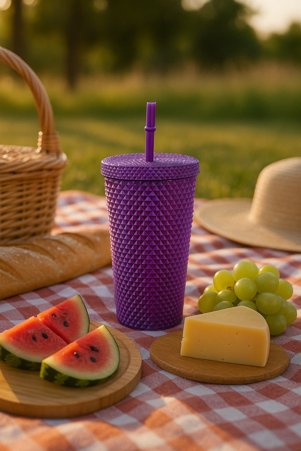 matte Purple textured tumbler with a straw on a picnic blanket with fruits and cheese.