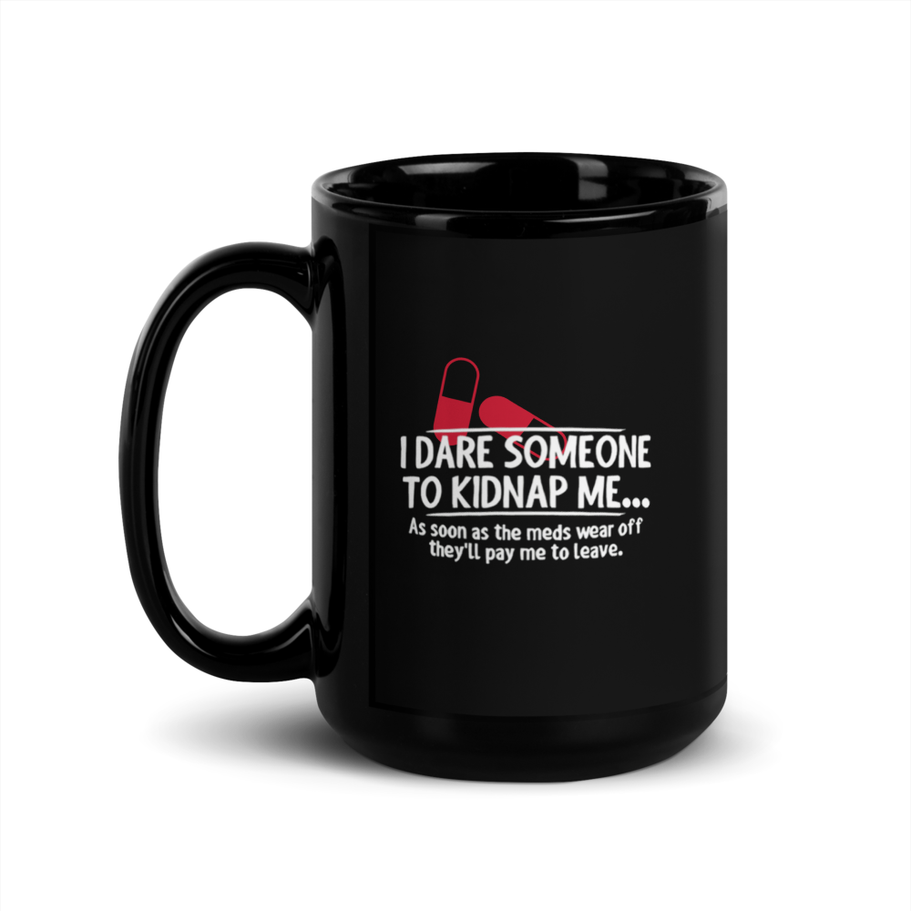 Black mug with humorous text and graphic design 