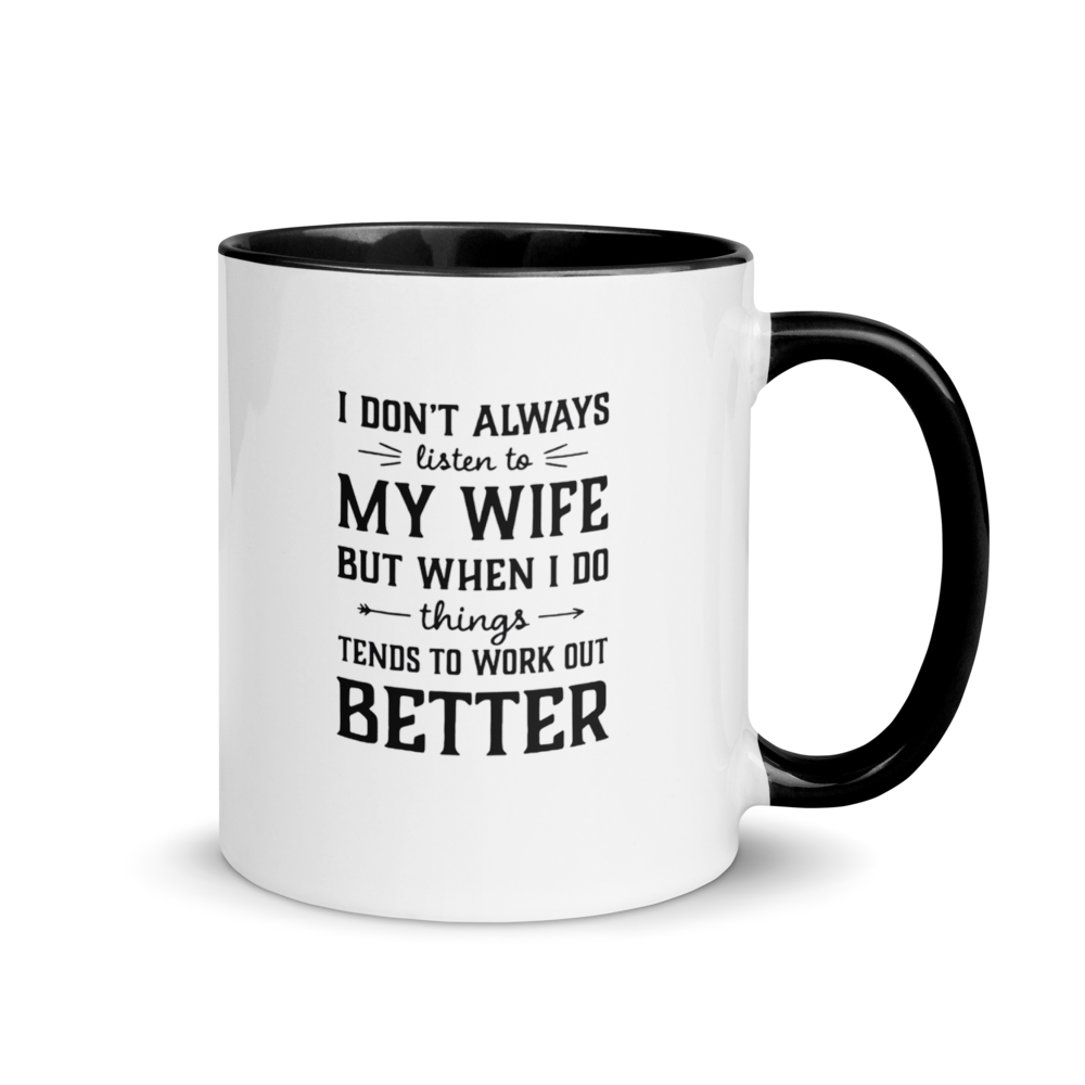 White mug with black interior and handle featuring humorous text design.