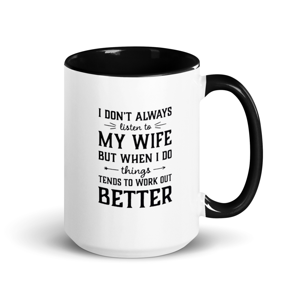 White mug with black interior and handle featuring humorous text, on a white background