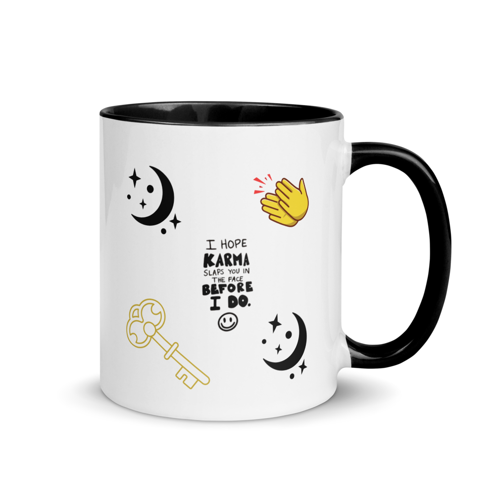 White mug with black interior and handle, featuring various symbols and text 