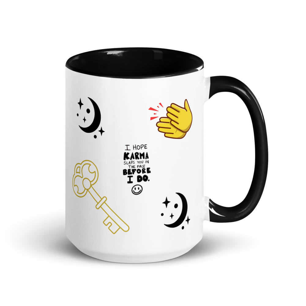 White mug with black interior and handle, featuring various illustrations and text 