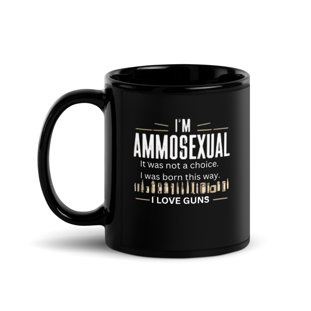 Black mug with white text and gun icons 