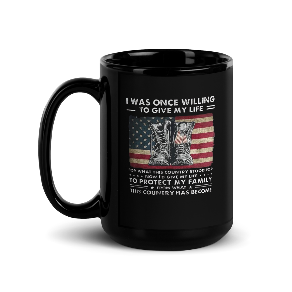 Black mug with American flag and military-themed design
