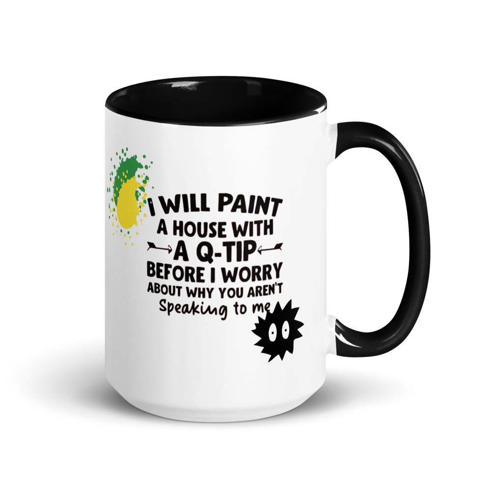 White mug with black interior and handle, featuring text and a cartoon character on a white background