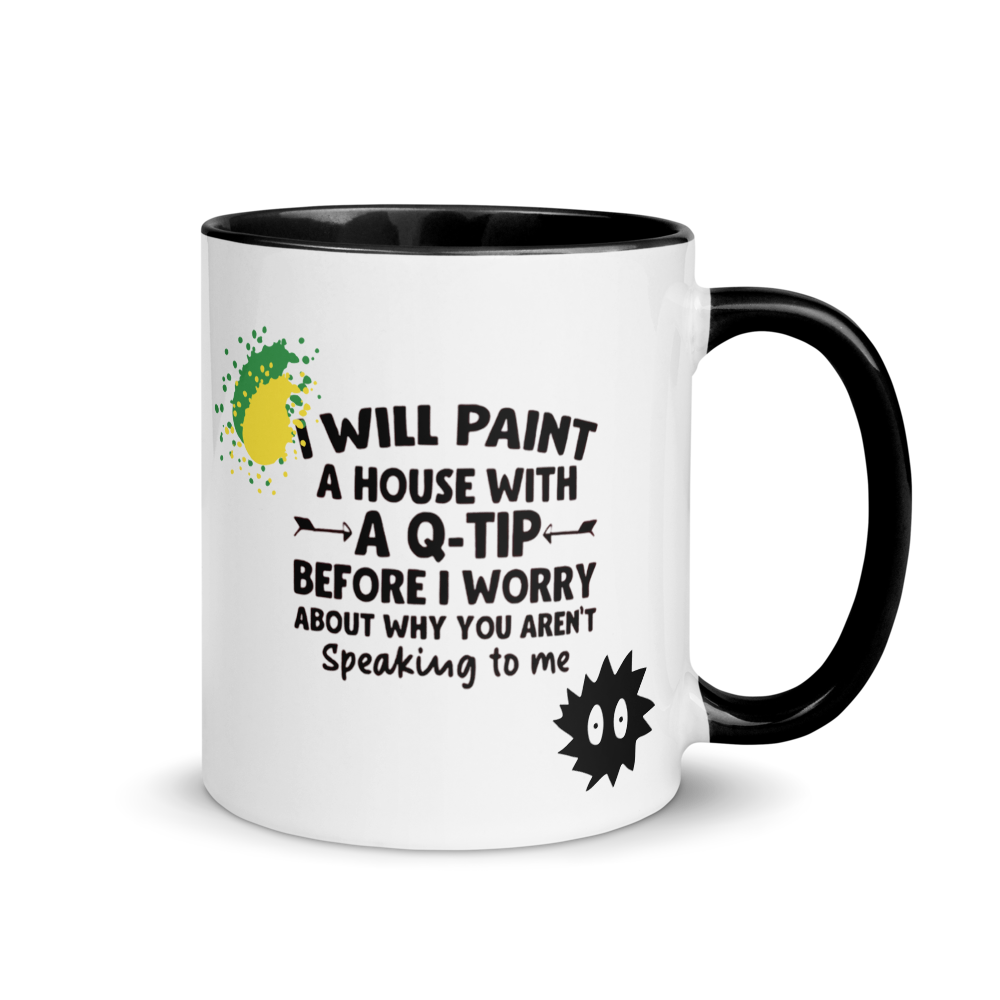 White mug with black handle featuring humorous text and graphics on a white background