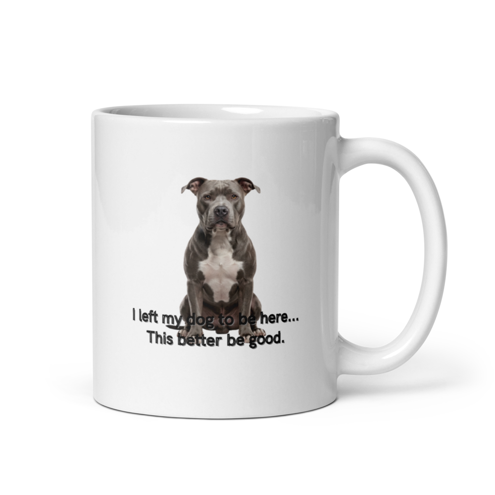 White mug with a dog illustration and text on a white background