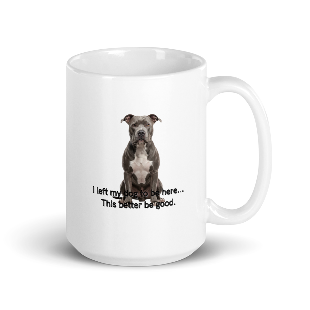 White mug with a dog illustration and text on a white background