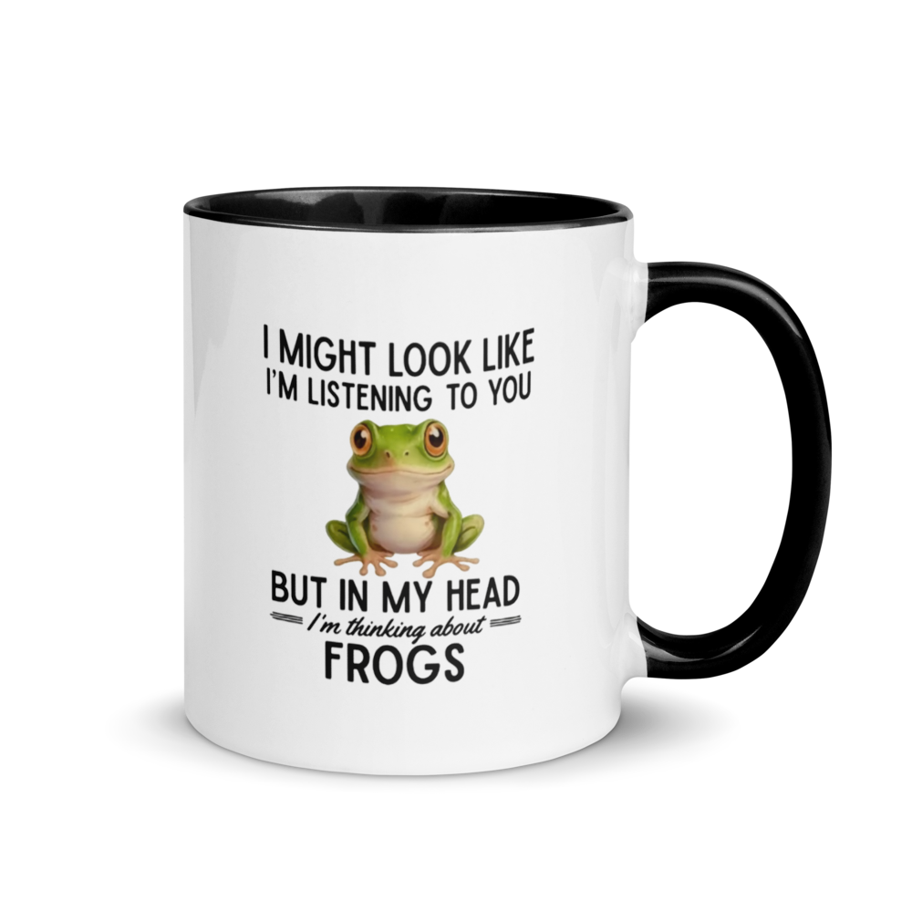 Mug with a frog graphic and text on a white background