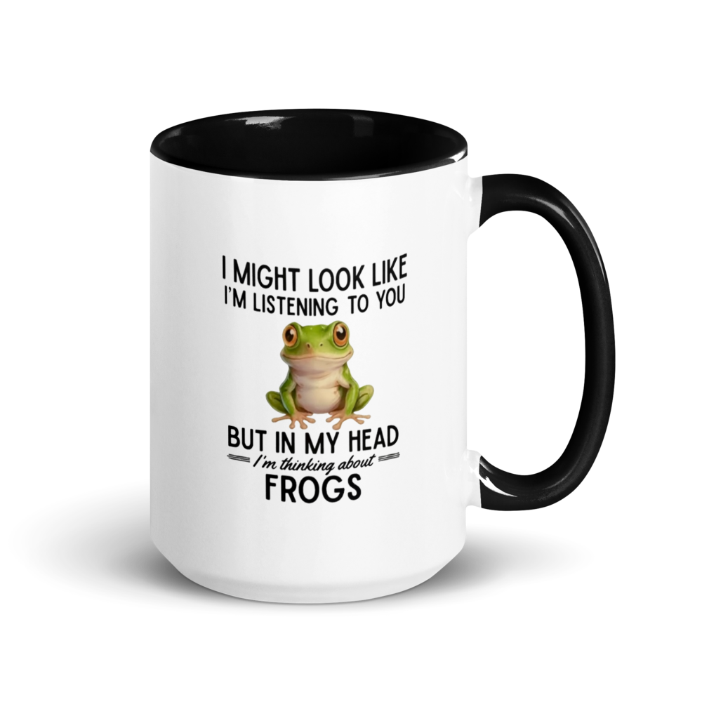 Mug with a frog graphic and text on a white background