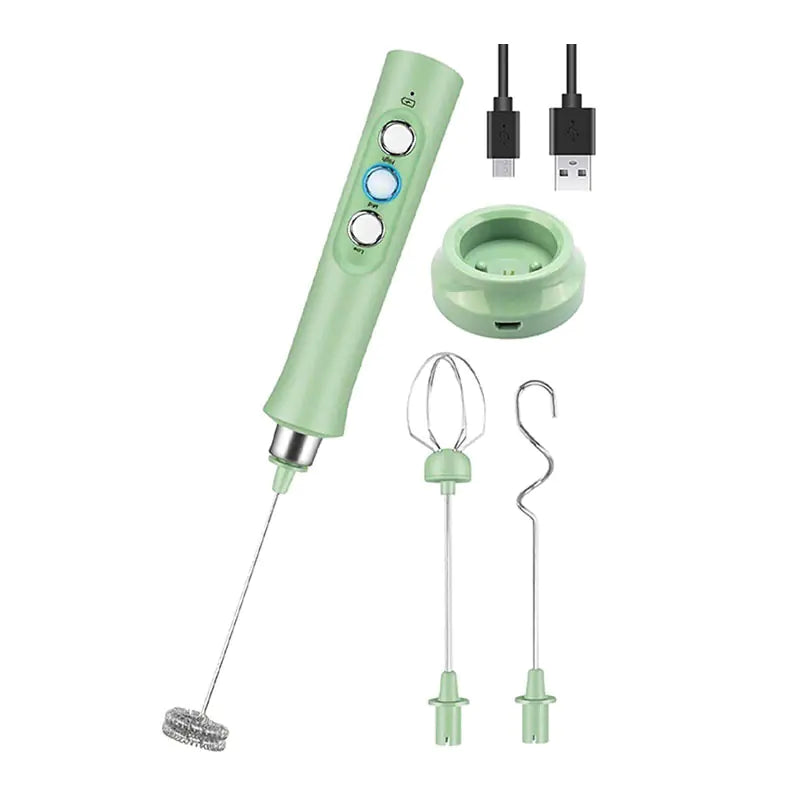 Light Green handheld electric mixer with attachments on a white background