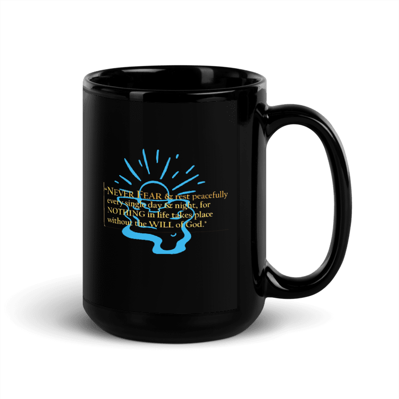 A glossy black ceramic mug with a handle, featuring a blue and gold graphic design on the front with a quote and a stylized sunburst.