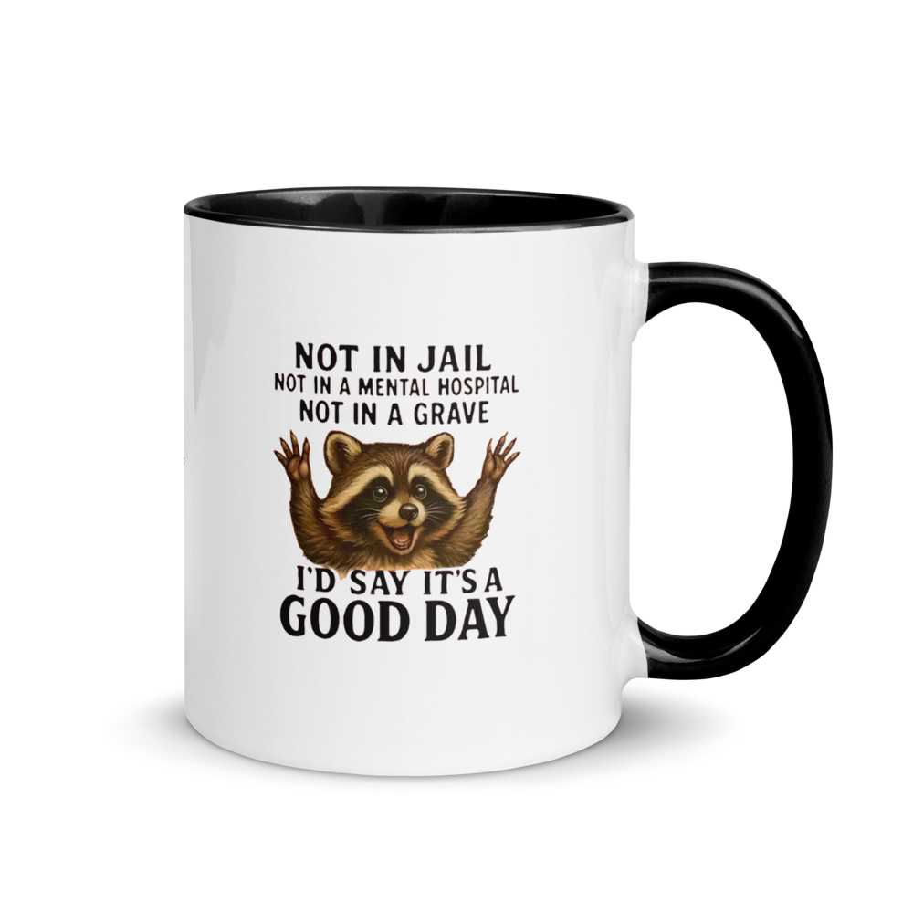 Mug with a raccoon illustration and humorous text on a white background