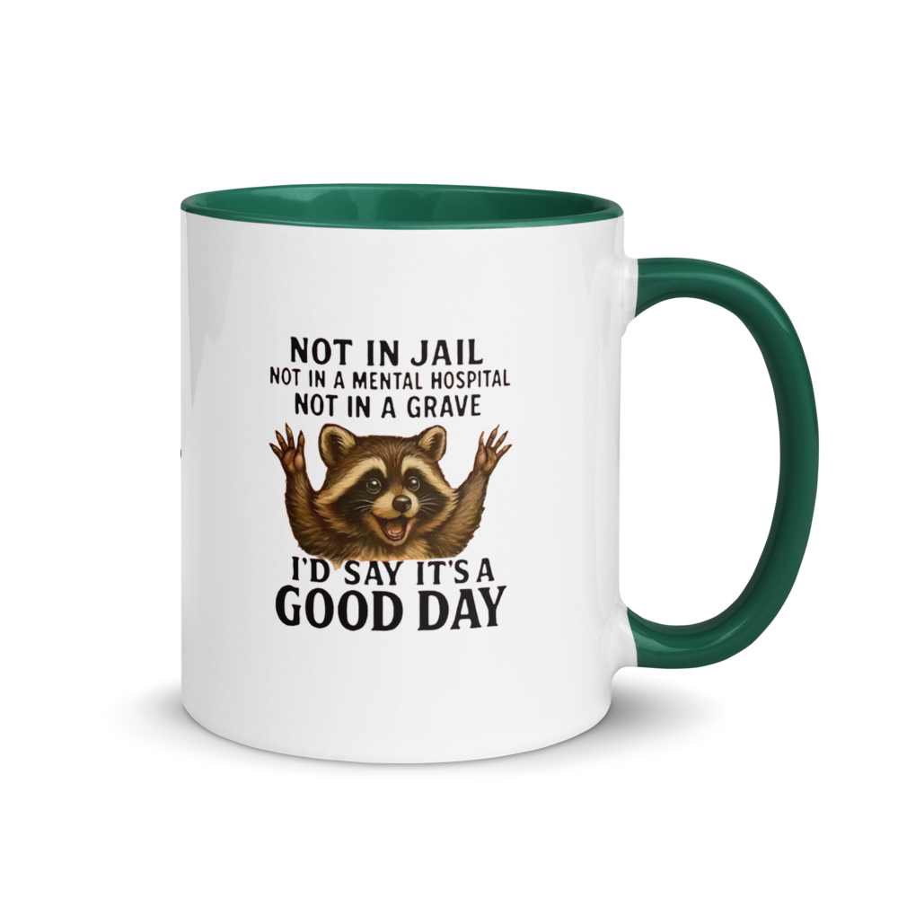 Mug with raccoon illustration and humorous text on a white background