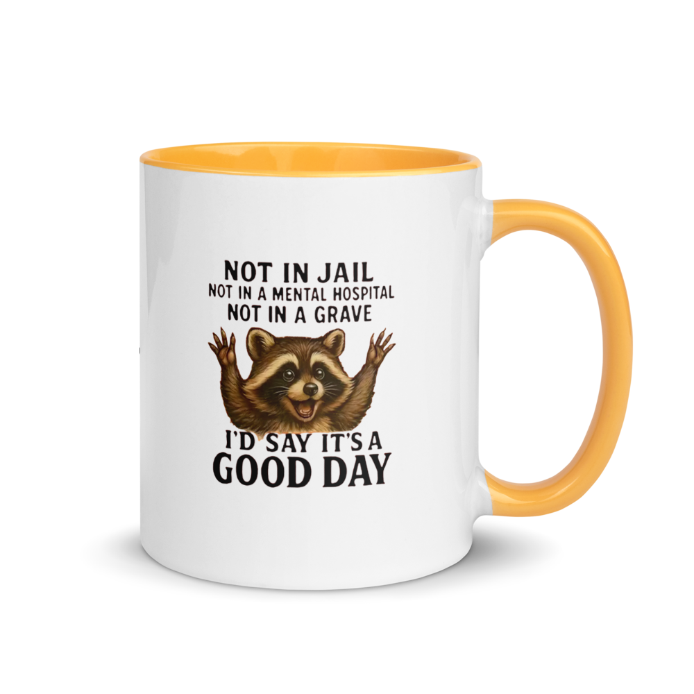 Mug with a raccoon illustration and humorous text on a white background