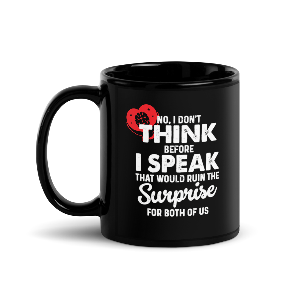 Black mug with white text and a red brain graphic 
