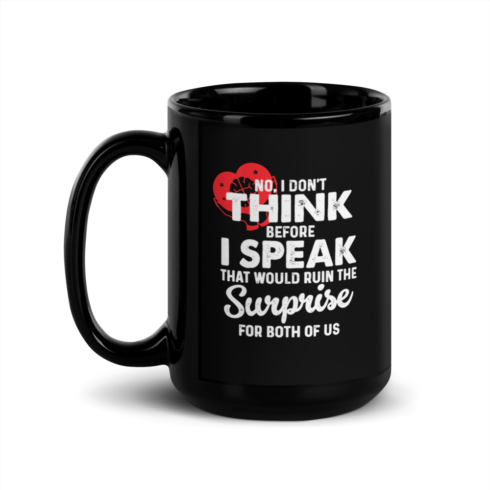 Black mug with humorous text design 