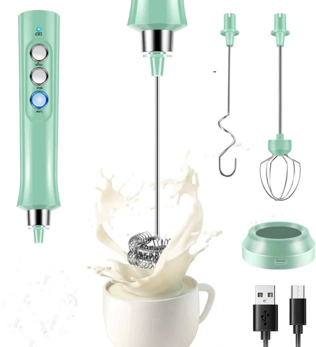 Green handheld mixer with attachments and USB cable on a white background
