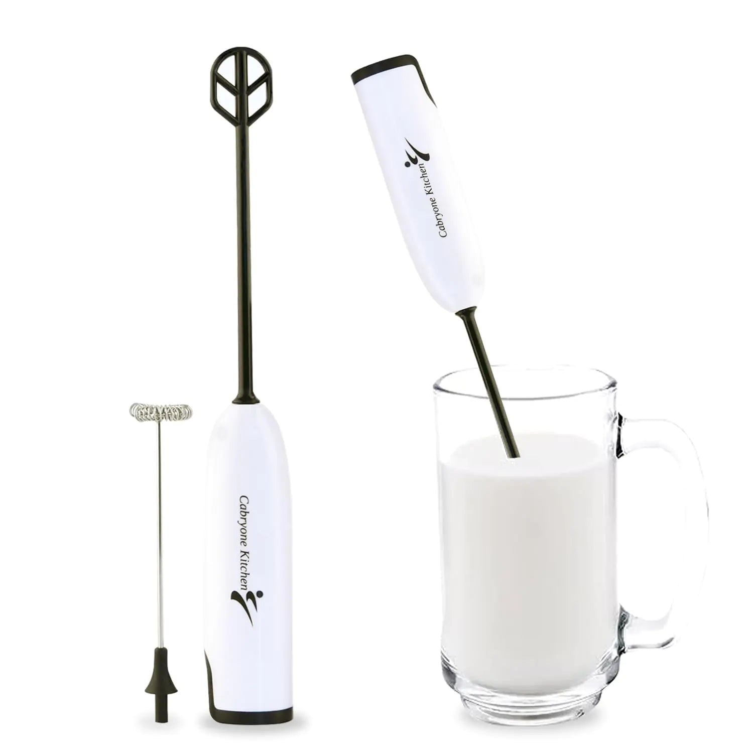 White handheld frother with black handle stirring a glass of milk on a white background