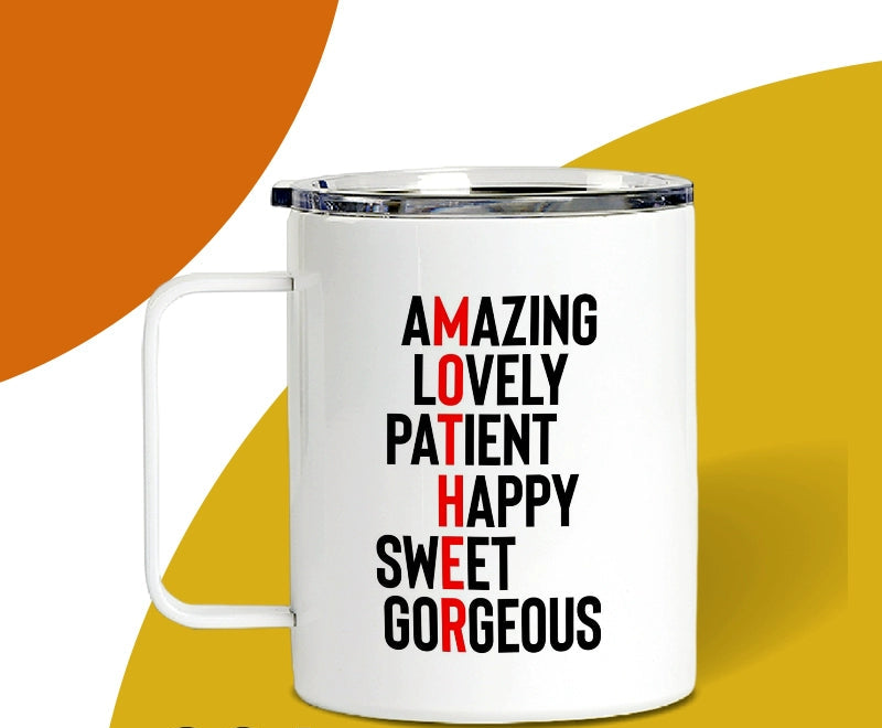 White enamel mug with motivational text on a colorful background