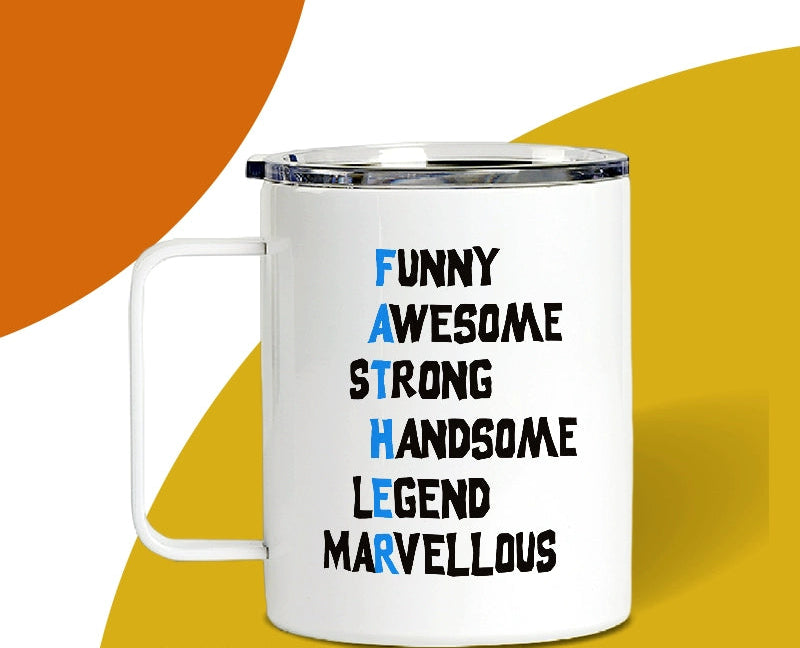 White enamel mug with motivational text on a colorful background