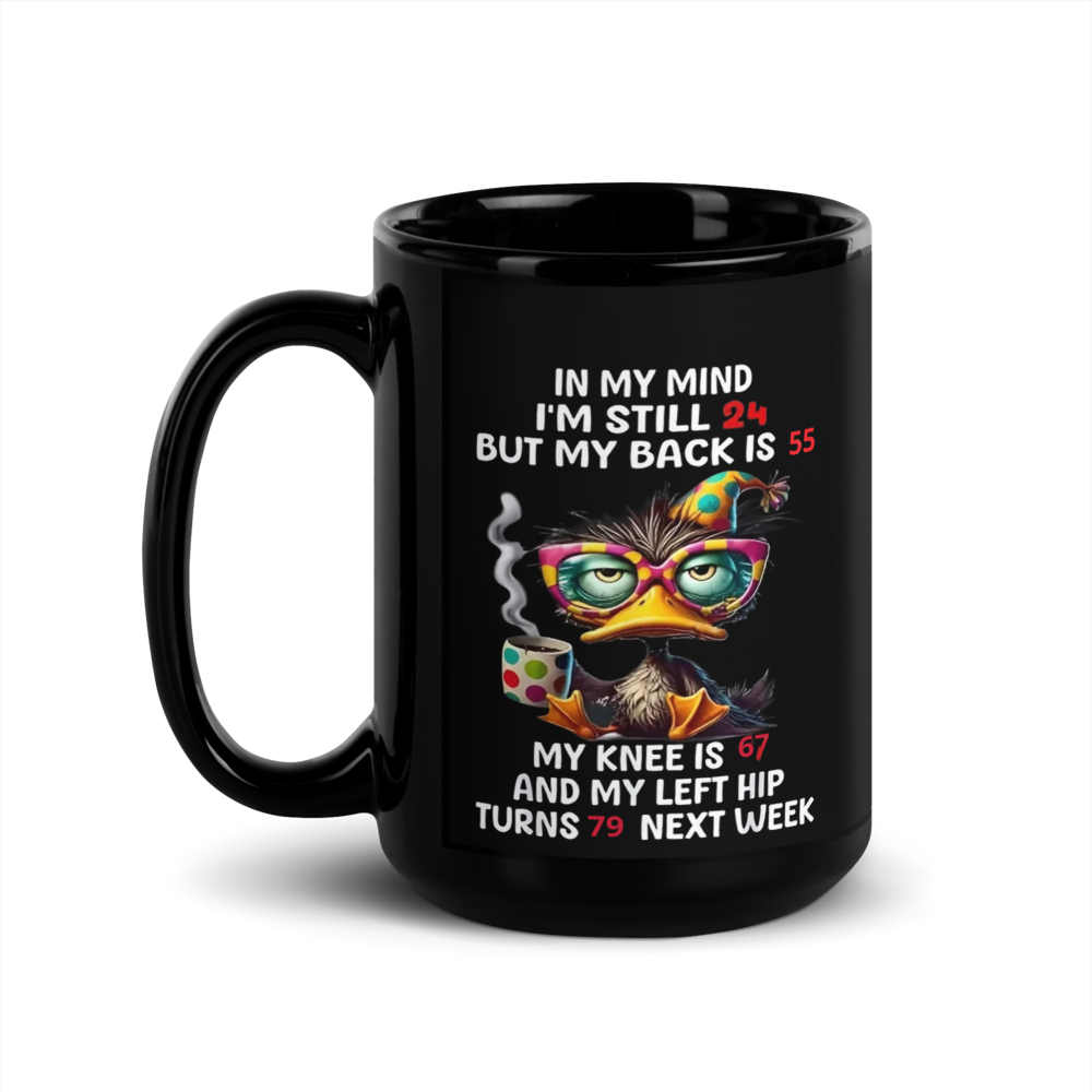 Black mug with a colorful design and text 