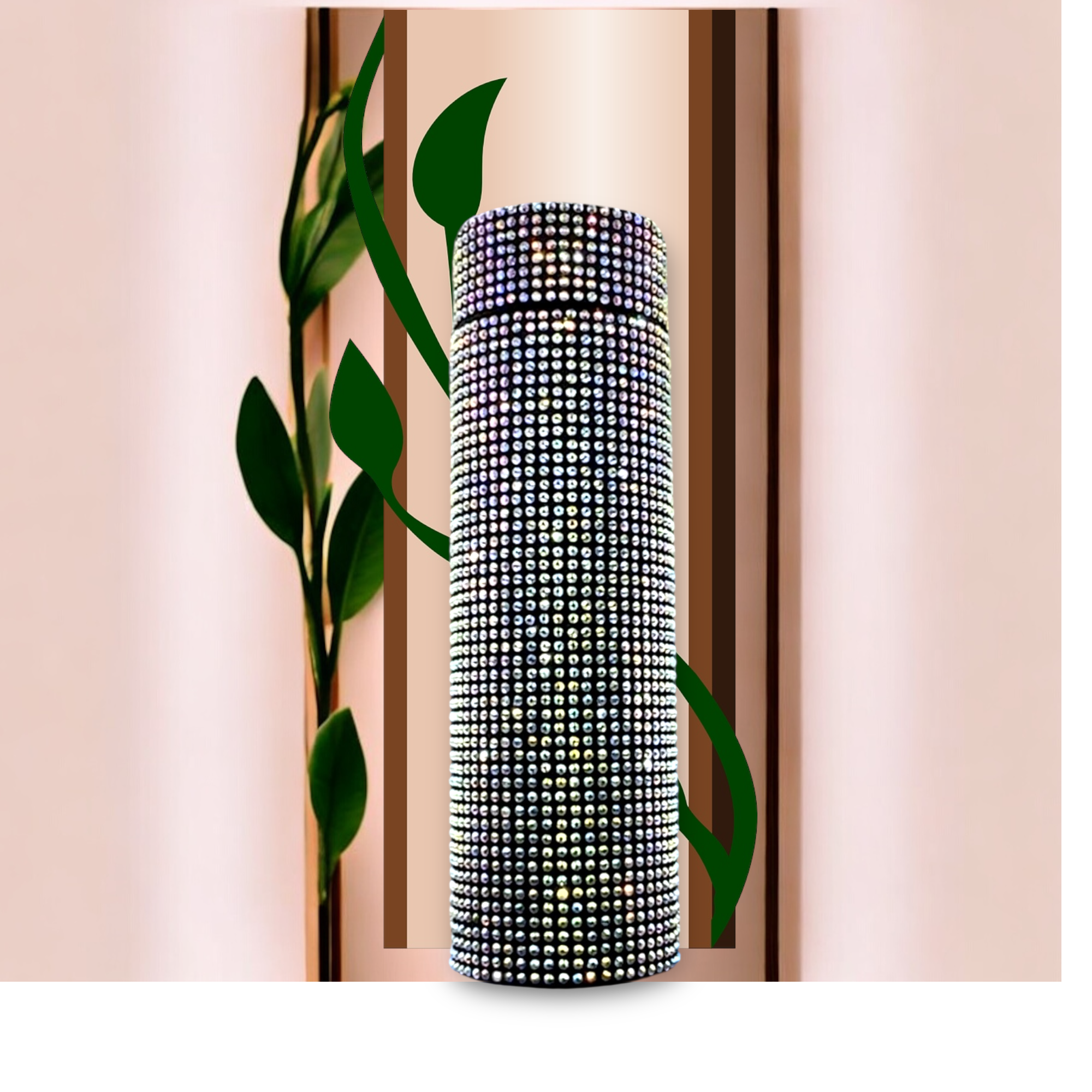 Decorative cylindrical vase with silver  rhinestone embellishments on A neutral background